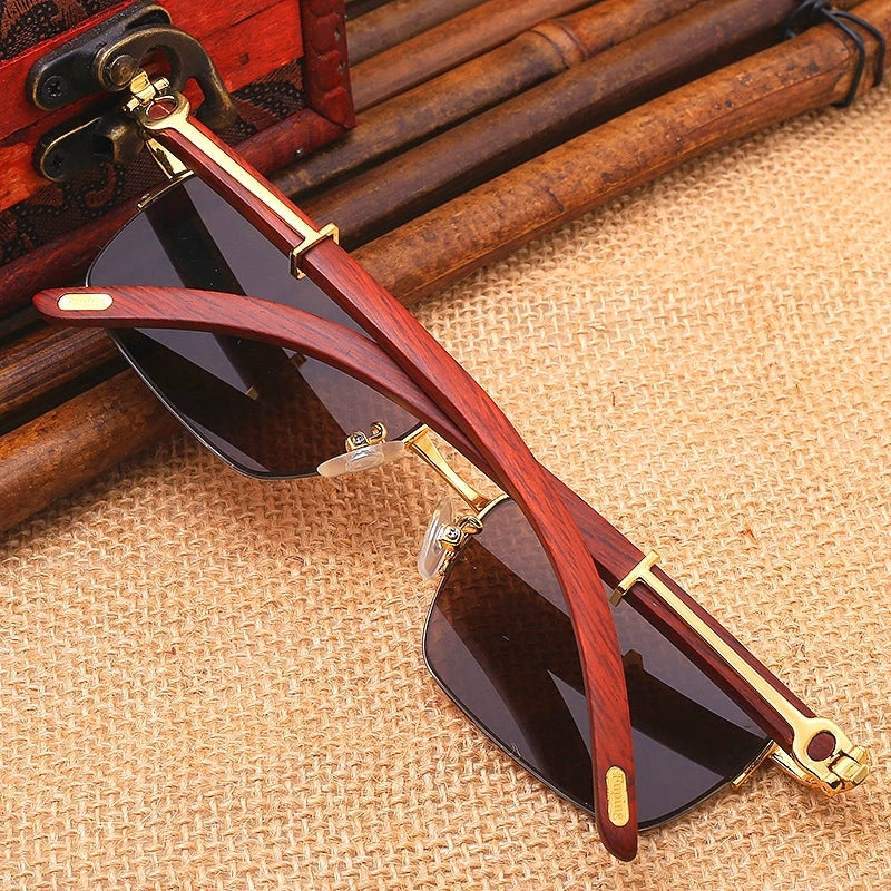 Wood Frame Crystal Stone Lens SunGlasses