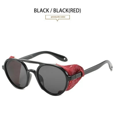 Men’s Vintage PU Leather Frame Round Sunglasses