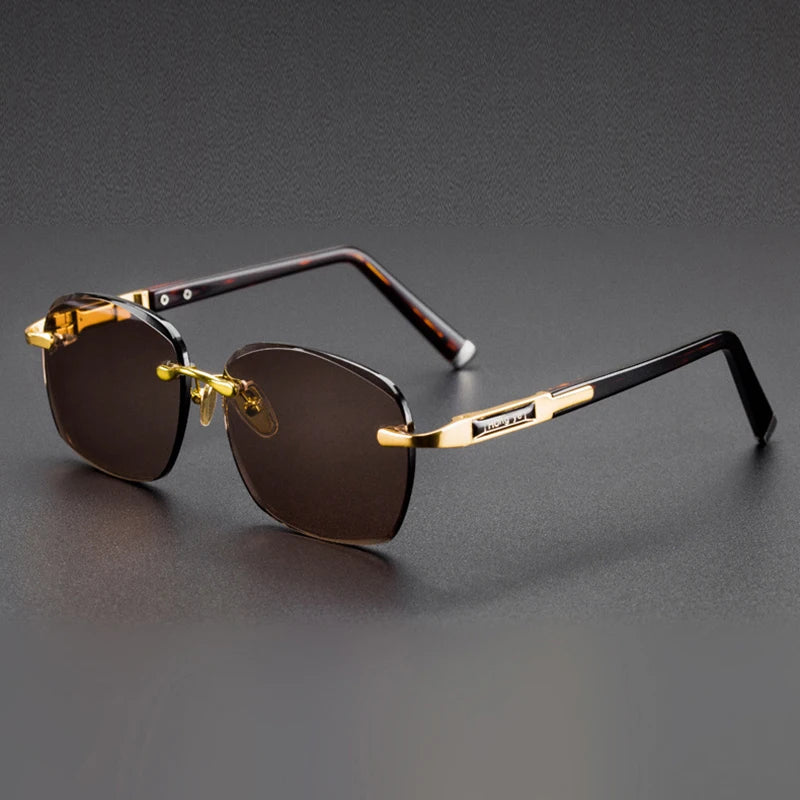 Brown Crystal Stone Rimless Sunglasses