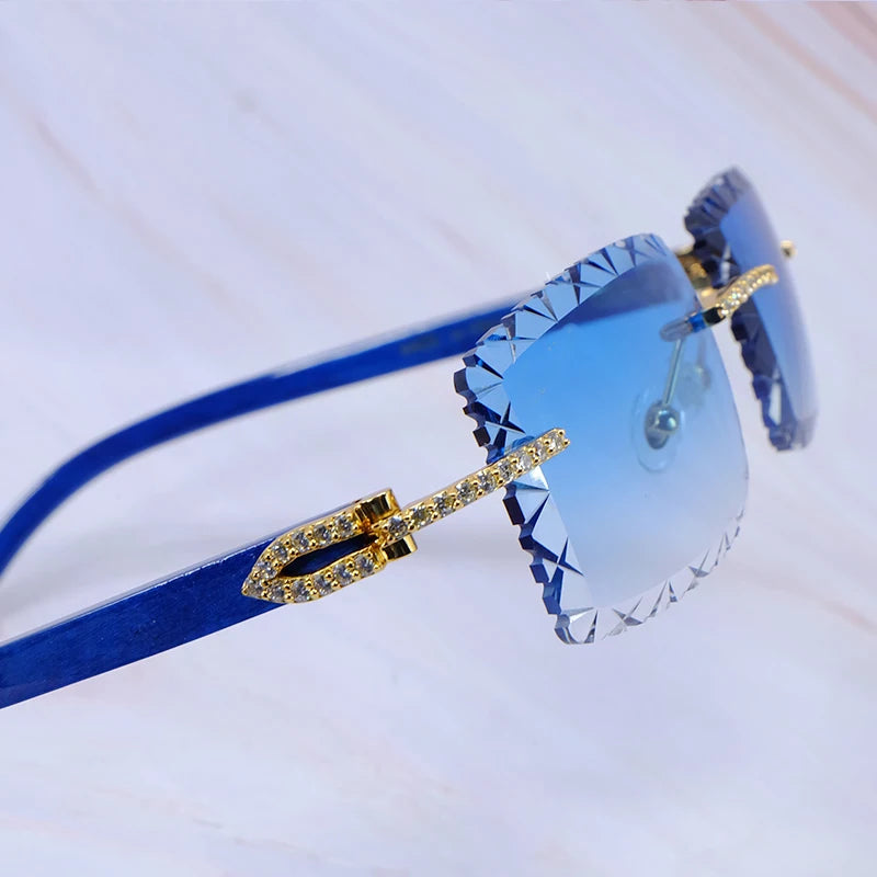 Wood Stylish Rimless Diamond Cut Sun Glasses