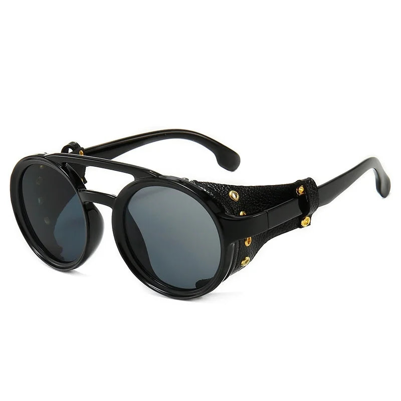 Men’s Vintage PU Leather Frame Round Sunglasses
